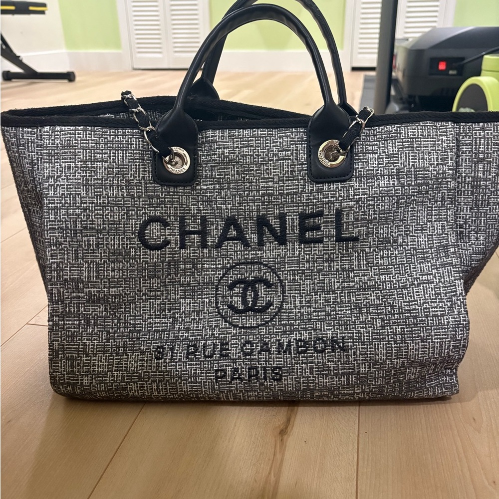 CHANEL large deauville black grey Tweed tote bag